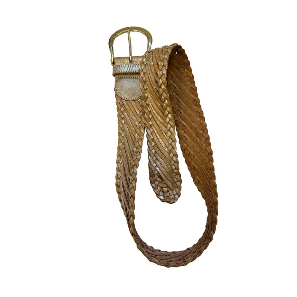 Linea Pelle Tan Silver Gold Metallic Braided Leather Belt sz M 41" - Picture 4 of 11